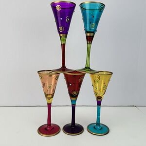 PIER 1 FESTIVE SWIRL CORDIAL GLASSES - GEMS GOLD TRIM  DISCONTINUED SET OF 5